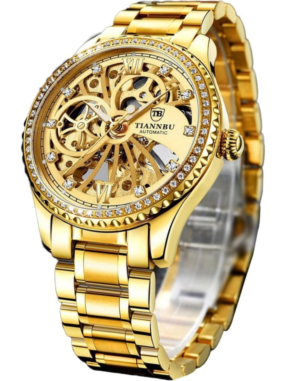 Luxury Gold Automatic Mechanical Men's Watch - Skeleton Dial, Diamond Markers